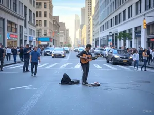 A busy city intersection with cars, pedestrians, and street performers all in one frame. - XAI Grok 2 Image