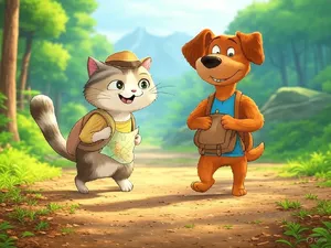 A cartoon of a cat and a dog on an adventure, drawn in a colorful 2D style. - XAI Grok 2 Image