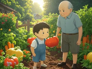 A child and elder tending oversized vegetables in a garden. Reproduce the artistic style of Studio Ghibli, with their distinctive character proportions and detailed plant illustrations. - XAI Grok 2 Image
