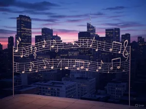 A city skyline that forms the shape of musical notes on a staff, created in a stylized graphic design aesthetic with clean architectural lines and dramatic twilight colors. - XAI Grok 2 Image