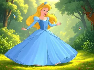 A classic Disney-like 2D cartoon princess singing with animals in a forest. - XAI Grok 2 Image