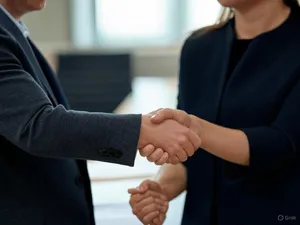A close-up of two people shaking hands, both hands fully visible with five fingers each, in sharp focus against a blurred background. - XAI Grok 2 Image