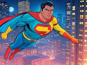 A comic-book style superhero flying over a city at night, with halftone shading. - XAI Grok 2 Image