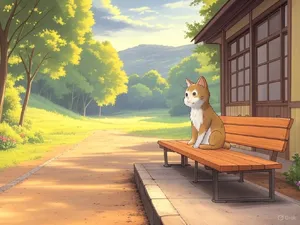 A countryside train station with a cat waiting on a bench. Rendered in Studio Ghibli animation style with Miyazaki's watercolor backgrounds and hand-drawn quality. - XAI Grok 2 Image
