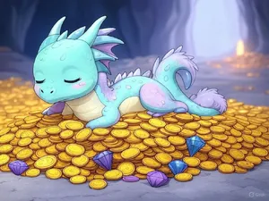 A cute chibi-style dragon sleeping on a pile of gold. - XAI Grok 2 Image