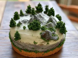 A dessert cake that looks like a tiny planet, complete with miniature trees and mountains, photographed in a professional food photography style with tilt-shift focus effect. - XAI Grok 2 Image