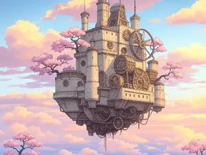 A floating steampunk castle in the sky with intricate mechanical gears and cherry blossom trees, illustrated in Hayao Miyazaki's Castle in the Sky (1986) art style with watercolor textures and detailed line work. - XAI Grok 2 Image