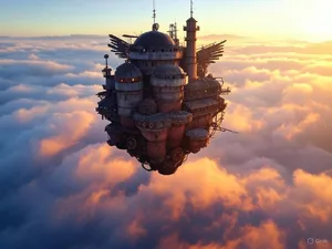 A flying castle floating in clouds at sunrise. Match the visual aesthetic of 'Howl's Moving Castle' by Studio Ghibli, with Miyazaki's blend of steampunk elements and fantasy. - XAI Grok 2 Image