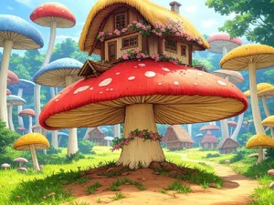 A forest of giant mushrooms with houses built on top of them, rendered in a whimsical Studio Ghibli-inspired art style with vibrant colors and fantastical details. - XAI Grok 2 Image