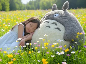 A girl and a giant fluffy creature napping in a wildflower meadow. Reproduce the art style of 'My Neighbor Totoro' by Studio Ghibli, with Miyazaki's soft character designs. - XAI Grok 2 Image