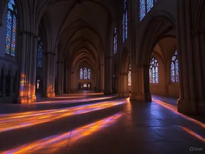 A Gothic cathedral interior at sunset with light streaming through detailed stained glass windows, creating colored patterns on stone floors and columns. Show accurate ribbed vaulting. - XAI Grok 2 Image