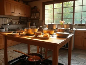 A kitchen with magical cooking implements preparing breakfast. Duplicate the artistic style of Studio Ghibli's domestic scenes, with Miyazaki's detailed settings and warm lighting. - XAI Grok 2 Image