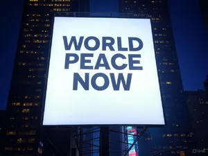 A large storefront billboard at Times Square displaying the slogan “WORLD PEACE NOW” in bold, clear letters, amidst a vibrant cityscape at night. - XAI Grok 2 Image