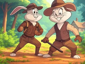 A Looney Tunes-inspired cartoon scene of a clever rabbit tricking a hunter. - XAI Grok 2 Image