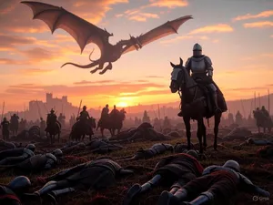A medieval battlefield with knights on horseback and a dragon flying overhead. - XAI Grok 2 Image