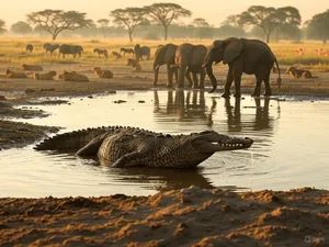 A misty dawn at an African savanna watering hole where elephants, lions, and zebras coexist in tense harmony, with a crocodile partially submerged in the foreground and flamingos taking flight in the background, golden hour lighting. - XAI Grok 2 Image