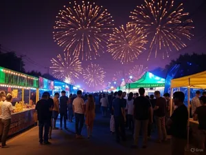 A nighttime festival with fireworks in the sky, food stalls lined up, and crowds mingling. - XAI Grok 2 Image