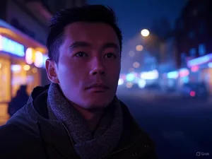 A nighttime portrait of a man lit by neon signs on a city street. - XAI Grok 2 Image