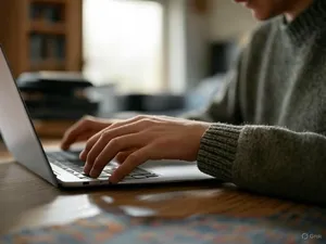 A person typing on a laptop keyboard, showing both hands on the keys. - XAI Grok 2 Image