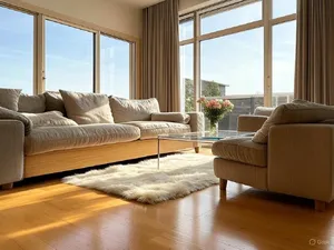 A photorealistic interior of a modern Scandinavian-style living room with natural light streaming through floor-to-ceiling windows. Show detailed wood textures, fabric materials, and proper light reflections. - XAI Grok 2 Image