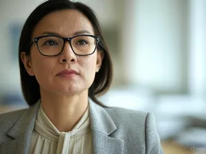 A professional headshot of a businesswoman wearing glasses, against a blurred background. - XAI Grok 2 Image