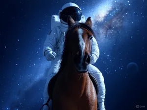 A realistic astronaut being ridden by a horse, photorealistic depiction in outer space with accurate lighting and proportions - XAI Grok 2 Image