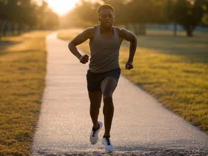 A runner mid-stride in a full-body action shot, limbs in motion and well-defined. - XAI Grok 2 Image