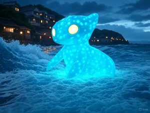 A sea creature rising from a stormy ocean near a village. Replicate the visual style of 'Ponyo' by Studio Ghibli, with Miyazaki's fluid water animations and vibrant creatures. - XAI Grok 2 Image