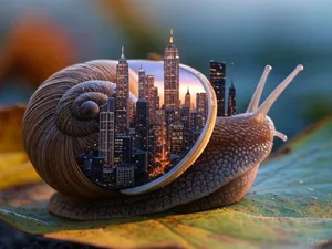 A snail whose shell contains a miniature city skyline, depicted in a hyperrealistic macro photography style with intricate architectural details and ambient lighting. - XAI Grok 2 Image