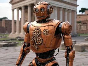 A steampunk robot time-traveling in ancient Rome, depicted in a detailed cinematic style that blends historical accuracy with copper and brass retrofuturistic aesthetics. - XAI Grok 2 Image