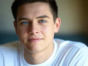 A studio headshot of a young man with one blue eye and one green eye (heterochromia). - XAI Grok 2 Image