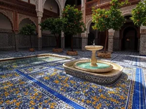A traditional Moroccan riad courtyard with detailed zellige tilework, flowing fountain, citrus trees, and ornate woodwork. Morning light casting intricate shadow patterns. - XAI Grok 2 Image
