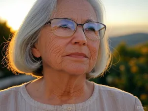 A ultra high-resolution portrait of an elderly woman with silver hair and bifocal glasses, each lens reflecting a distant landscape, captured in warm late-afternoon sunlight - XAI Grok 2 Image