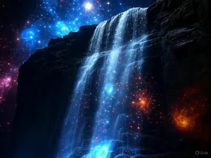 A waterfall that pours out stars and galaxies instead of water, illustrated in a cosmic fantasy style with vibrant space colors and dramatic lighting effects. - XAI Grok 2 Image