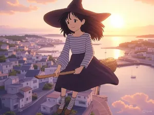 A young witch flying on a broomstick above a coastal town at sunset. Exact art style of 'Kiki's Delivery Service' by Studio Ghibli, with Miyazaki's character design and warm colors. - XAI Grok 2 Image