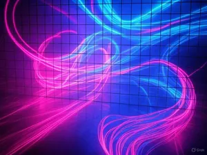 Abstract background graphic, cyberpunk aesthetic, neon pink/blue light trails on dark grid, sense of digital speed, for desktop wallpaper. - XAI Grok 2 Image