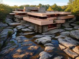 Aerial view of a modernist desert home, in the style of Frank Lloyd Wright's Fallingwater but adapted to desert conditions. Show integration with rocky landscape and water features. - XAI Grok 2 Image
