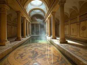 An ancient Roman bathhouse interior with accurate architectural details - marble columns, mosaic floors, arched ceilings, and steam rising from pools. Natural light from oculus openings. - XAI Grok 2 Image