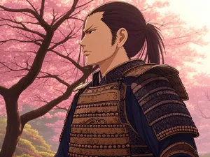 An anime-style portrait of a samurai standing under pink cherry blossoms. - XAI Grok 2 Image