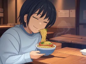 An anime scene of a character eating ramen at a small shop counter (slice-of-life style). - XAI Grok 2 Image