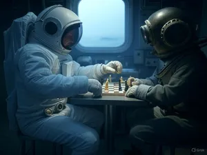 An astronaut and a deep-sea diver playing chess together inside a submarine. - XAI Grok 2 Image