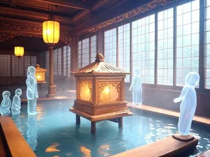 An enchanted bathhouse with glowing lanterns and spirits. Recreate the visual style of 'Spirited Away' by Studio Ghibli, with Miyazaki's ornate architecture and magical atmosphere. - XAI Grok 2 Image