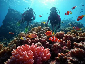 An underwater scene with scuba divers exploring a coral reef alongside colorful fish and a sunken ship. - XAI Grok 2 Image