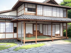 Cutaway architectural drawing of a traditional Japanese machiya townhouse showing all rooms and structural elements. Include accurate proportions, traditional joinery, and typical spatial organization. - XAI Grok 2 Image