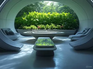 Interior of a futuristic space habitat with hydroponics gardens, communal areas, and living quarters. Show curved walls, artificial gravity considerations, and multipurpose furniture designs. - XAI Grok 2 Image