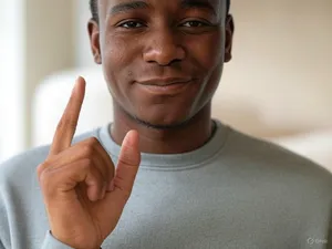 Photorealistic close-up portrait of a person clearly performing the American Sign Language gesture for 