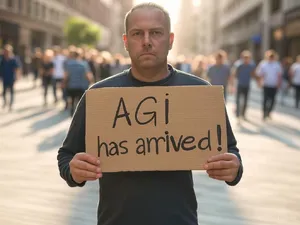Photorealistic daytime street photograph, clearly showing a man standing still on a busy urban street corner holding a rectangular cardboard sign clearly facing camera, handwritten bold black marker text clearly readable as 