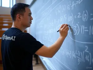 Photorealistic depiction of a man wearing a clearly visible black OpenAI-branded T-shirt. He is standing at the front of a university lecture hall, writing complex mathematics and AI-related equations across a large, dusty chalkboard filled with notation - XAI Grok 2 Image