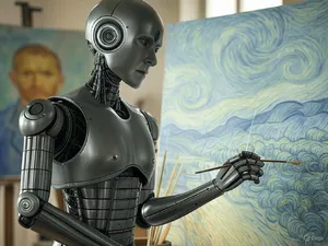 Photorealistic image of a robot painting a realistic self-portrait (i.e. the robot) on canvas, mimicking Van Gogh’s art style; clear, realistic metallic textures and painting details visible - XAI Grok 2 Image