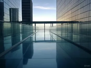 Photorealistic rendering of a contemporary glass skybridge between two skyscrapers, seen from inside with city views visible through glass walls and floor. Show accurate reflections and structural details. - XAI Grok 2 Image